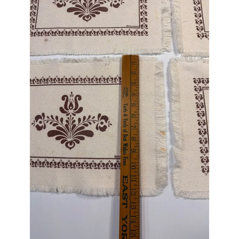 VTG Pfaltzgraff Village Placemats Brown Cream Floral Fringed Farmhouse Set of 5